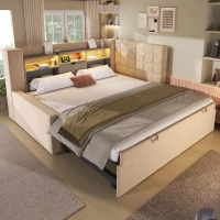 Convertible Daybed Trundle with Clever Storage and Sturdy Frame, Breathable Linen Sofa Bed with Integrated Charging, 204L x 107W x 88H cm, Beige(m-11)