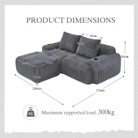 Modular 2-Seater Sofa with Foam-Filled Plush Seats, Dark Grey Corduroy Couch with Built-In Cup Holder, 200L x 174W x 80H cm, Dark Gray(m-3)
