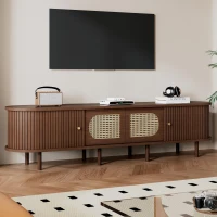 Stylish Oval TV Cabinet with Rattan-Style Fronts, Sturdy Lowboard with 30 kg Load Capacity, 180L x 40W x 40H cm, Walnut(m-7)