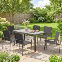 Outsunny Gartenmöbel Set Sitzgruppe 150 x 80cm Tisch mit 6 Atmungsaktiven Stühlen Holzoptik Stahlrahmen Schwarz(m-8)