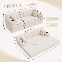 3-Seater Sleeper Sofa with Corduroy High-Back and High-Density Foam, Space-Saving Sofa Bed with 4 Side Pockets, 208L x 80W x 81H cm, Beige(m-3)