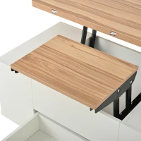 Extendable Lift Top Coffee Table with Hydraulic Lift, Space-Saving Center Table with 4 Hidden-Storage Stools, 100L x 50W x 45H cm, White+Natural(m-9)