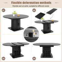 Extendable Dining Table with Hidden Storage and Wine Rack, Multifunctional Folding Table with Removable Shelves, 118L x 118W x 76H cm, Black(m-5)