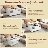 Extendable Lift-Top Coffee Table with Two Lift-Up Tabletops and Castors, Space-Saving Dining Table with four drawers, 100L x 50W x 47.5H cm, White(m-6)