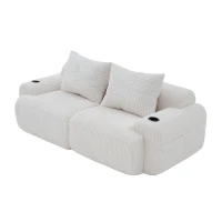 Modular 2-Seater Sofa with Built-In Cup Holder and Side Storage Pocket, Ribbed Corduroy Couch with High-Density Foam, 200L x 99W x 80H cm, Beige(m-11)