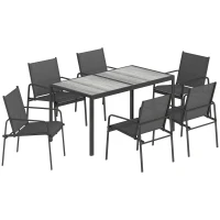 Outsunny Gartenmöbel Set Sitzgruppe 150 x 80cm Tisch mit 6 Atmungsaktiven Stühlen Holzoptik Stahlrahmen Schwarz(m-1)