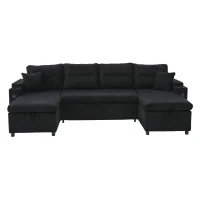 Contemporary 4-Seater Sofa with 2 Chaise Longues, Ribbed Corduroy Couch with Built-In Cup Holders, 272L x 136W x 86H cm, Black(m-2)