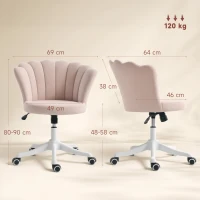 HOMCOM Bürostuhl aus Velours, Schminkstuhl mit blütenblattförmiger Rückenlehne, höhenverstellbar, 69 x 64 x 80-90 cm, rosa(m-3)