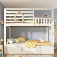 Children's Cabin Bunk Bed with Hydraulic Underbed Storage, Space‑Saving Bed Frame with Integrated Ladder, 200L x 102W x 184H cm, White(m-1)