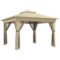 Outsunny Pavillon 3,3x3,3m Wasserabweisend Pop-up Faltpavillon mit LED, Doppeldach, Moskitonetz 4 Seitenteilen Tasche(m-1)