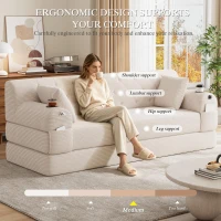 3-Seater Sleeper Sofa with Corduroy High-Back and High-Density Foam, Space-Saving Sofa Bed with 4 Side Pockets, 208L x 80W x 81H cm, Beige(m-7)