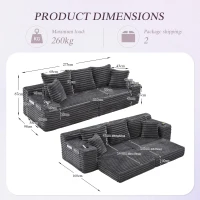Convertible Sofa Bed with High Backrest and Extra Pillow, Ribbed Corduroy Couch with Dual Side Pockets, 107.5L x 38.5W x 34H cm, Dark Gray(m-3)