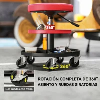 HOMCOM Taburete de Taller Giratorio con Ruedas Altura Ajustable de 40-51 cm y 2 Bandejas Carga 135 kg para Garaje Rojo(m-7)