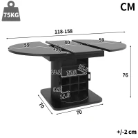 Extendable Dining Table with Hidden Storage and Wine Rack, Multifunctional Folding Table with Removable Shelves, 118L x 118W x 76H cm, Black(m-3)