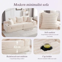 Convertible Sofa Bed with High Backrest and Extra Pillow, Ribbed Corduroy Couch with Dual Side Pockets, 107.5L x 38.5W x 34H cm, Beige(m-7)