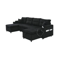 Contemporary 4-Seater Sofa with 2 Chaise Longues, Ribbed Corduroy Couch with Built-In Cup Holders, 272L x 136W x 86H cm, Black(m-15)