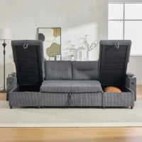 Contemporary 4-Seater Sofa with 2 Chaise Longues, Ribbed Corduroy Couch with Built-In Cup Holders, 272L x 136W x 86H cm, Charcoal grey(m-10)