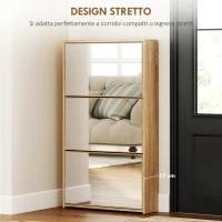 HOMCOM Scarpiera a Specchio con 3 Cassetti a Ribalta per 9 Paia di Scarpe, in Legno, 65x17x114.5 cm, Color Legno(m-6)