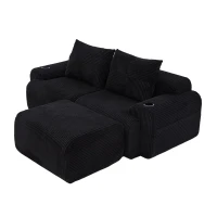 Modular 2-Seater Sofa with Foam-Filled Plush Seats, Black Corduroy Couch with Built-In Cup Holder, 200L x 174W x 80H cm, Black(m-11)