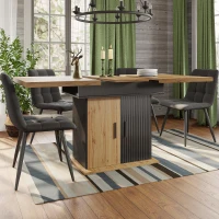 Telescopic Dining Table with Double-Sided Extension System, Modern Extension Table with Height-Adjustable Shelves, 140L x 80W x 75H cm, Black+Natural(m-1)