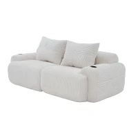 Modular 2-Seater Sofa with Built-In Cup Holder and Side Storage Pocket, Ribbed Corduroy Couch with High-Density Foam, 200L x 99W x 80H cm, Beige(m-10)