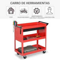 DURHAND Carro de Taller Carro de Herramientas con 3 Bandejas y Cajón Ruedas con Frenos Asa Lateral Panel Lateral Perforado Rojo(m-7)