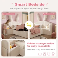 Bunny Ears Children's Single Bed with Hydraulic Lift Storage, Plush Velvet Bed Frame with Wooden Slatted Base, 206L x 149W x 143H cm, Beige(m-6)
