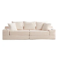 Convertible Sofa Bed with High Backrest and Extra Pillow, Ribbed Corduroy Couch with Dual Side Pockets, 107.5L x 38.5W x 34H cm, Beige(m-2)
