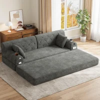 3-Seater Sleeper Sofa with Corduroy High-Back and High-Density Foam, Space-Saving Sofa Bed with 4 Side Pockets, 208L x 80W x 81H cm, Dark Gray(m-1)