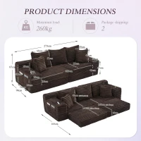 Convertible Sofa Bed with High Backrest and Extra Pillow, Ribbed Corduroy Couch with Dual Side Pockets, 107.5L x 38.5W x 34H cm, Coffee(m-3)