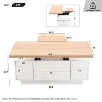 Lift-up Coffee Table with Hidden Storage and Dual Liftable Tops, Space-saving Centre Table for Dining, 100L x 50W x 55.5H cm, White+Natural(m-3)