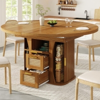 Extendable Dining Table with Sturdy Metal Frame, Space-Saving Center Table with Pull-Out Rattan-Effect Drawers, 118L x 118W x 77H cm, Brown