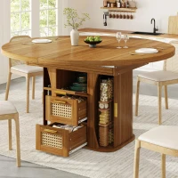Extendable Dining Table with Sturdy Metal Frame, Space-Saving Center Table with Pull-Out Rattan-Effect Drawers, 118L x 118W x 77H cm, Brown(m-1)