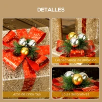 Outsunny Juego de 3 Cajas de Regalo Navidad con 58 LED Blanco Cálido Adornos Luminosos para el Árbol de Navidad Dorado(m-8)