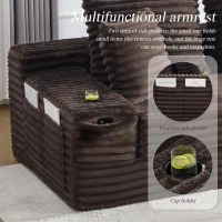 Convertible Sofa Bed with High Backrest and Extra Pillow, Ribbed Corduroy Couch with Dual Side Pockets, 107.5L x 38.5W x 34H cm, Coffee(m-6)
