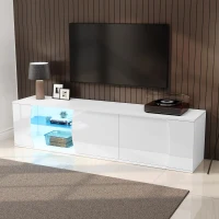 Freestanding TV Cabinet with LED Ambient Lighting and Tempered Glass Display, Modern Lowboard with 3 Doors, 180L x 40W x 45H cm, White(m-7)