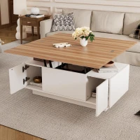 Lift-up Coffee Table with Hidden Storage and Dual Liftable Tops, Space-saving Centre Table for Dining, 100L x 50W x 55.5H cm, White+Natural(m-1)