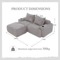 Modular 2-Seater Sofa with Foam-Filled Plush Seats, Light Grey Corduroy Couch with Built-In Cup Holder, 200L x 174W x 80H cm, Light Gray(m-3)