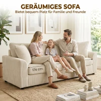 HOMCOM 3-Zitsbank met Sierkussens, Corduroy Sofa voor Woonkamer, Slaapkamer, 212 cm Breed, Crèmewit(m-4)