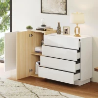 High-Gloss Sideboard with 4 Drawers and 2 Doors, Stylish Storage Cabinet with Anti-Tilt Safety Rails, 140L x 35W x 76.5H cm, White(m-8)
