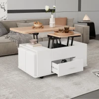 Extendable Lift Top Coffee Table with Hydraulic Lift, Space-Saving Center Table with 4 Hidden-Storage Stools, 100L x 50W x 45H cm, White+Natural(m-8)