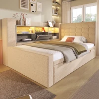 Convertible Daybed Trundle with Clever Storage and Sturdy Frame, Breathable Linen Sofa Bed with Integrated Charging, 204L x 107W x 88H cm, Beige(m-10)