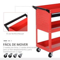 DURHAND Carro de Taller Carro de Herramientas con 3 Bandejas y Cajón Ruedas con Frenos Asa Lateral Panel Lateral Perforado Rojo(m-4)