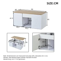 Height-Adjustable Coffee Table with Hydraulic Lift and Divided Shelves, Minimalist Center Table with Rounded Corners, 95L x 46W x 45H cm, White(m-3)