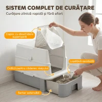 PawHut Litieră Acoperită 3 în 1 pentru Pisici, 68 L, cu Capac, Tavă Detașabilă din Oțel Inoxidabil, Lopățică, Alb și Gri(m-7)