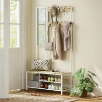 HOMCOM Perchero Zapatero con Espejo 3 Estantes Banco 10 Ganchos Ajustables Estilo Moderno para Pasillo 98x34x186 cm Natural(m-10)