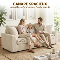 HOMCOM Canapé 3 places 212 cm avec 2 coussins à ressorts, tissu velours côtelé, pour salon, chambre, bureau à domicile, crème(m-4)