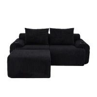 Modular 2-Seater Sofa with Foam-Filled Plush Seats, Black Corduroy Couch with Built-In Cup Holder, 200L x 174W x 80H cm, Black(m-2)