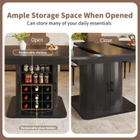 Extendable Dining Table with Hidden Storage and Wine Rack, Multifunctional Folding Table with Removable Shelves, 118L x 118W x 76H cm, Black(m-4)