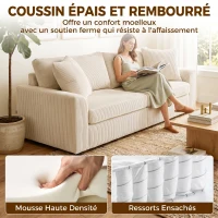 HOMCOM Canapé 3 places 212 cm avec 2 coussins à ressorts, tissu velours côtelé, pour salon, chambre, bureau à domicile, crème(m-5)